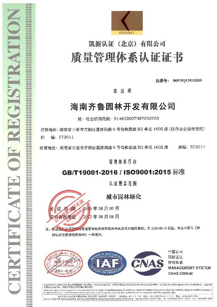 质量治理系统认证证书